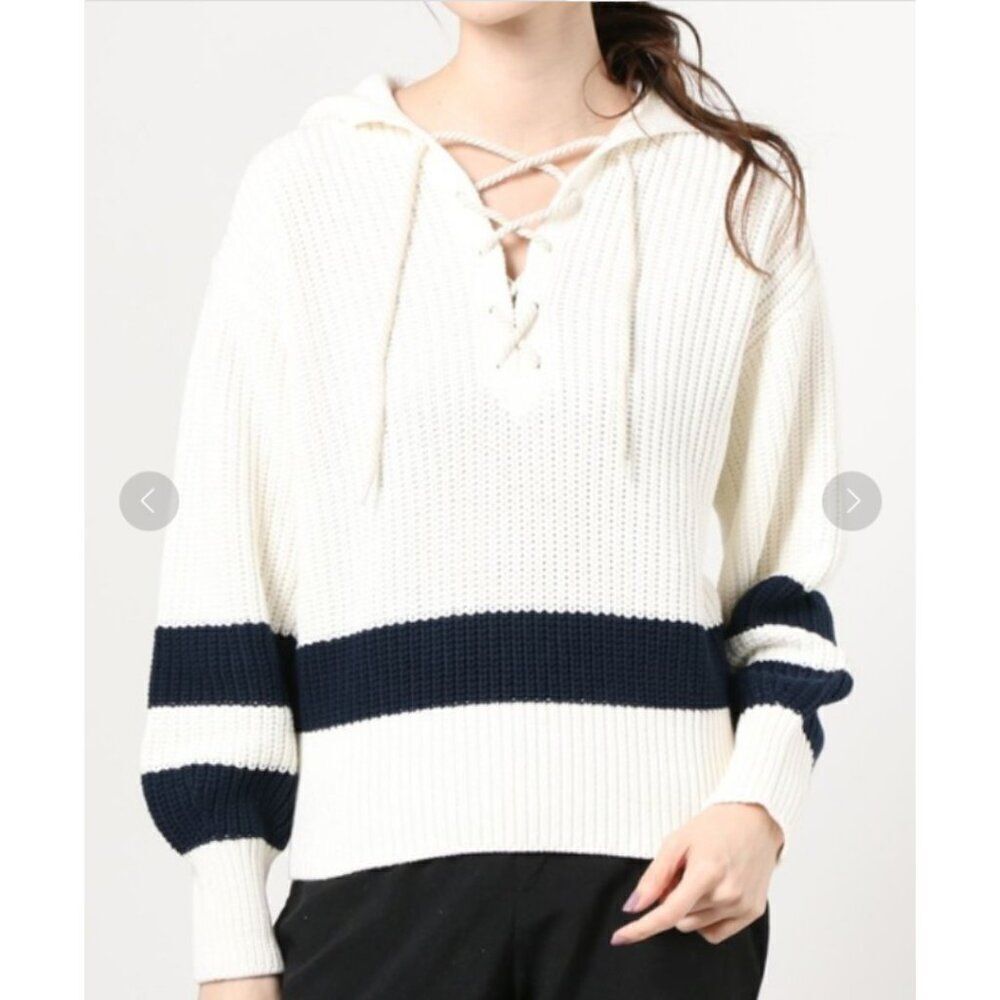 Polo Ralph Lauren O Lace Up Striped Knit Sweater in Cream and Navy Women's Large